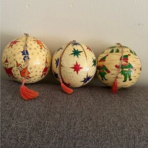 Set Of 3 Hand Painted Paper Mache Christmas Ball Ornaments India Santa Elves